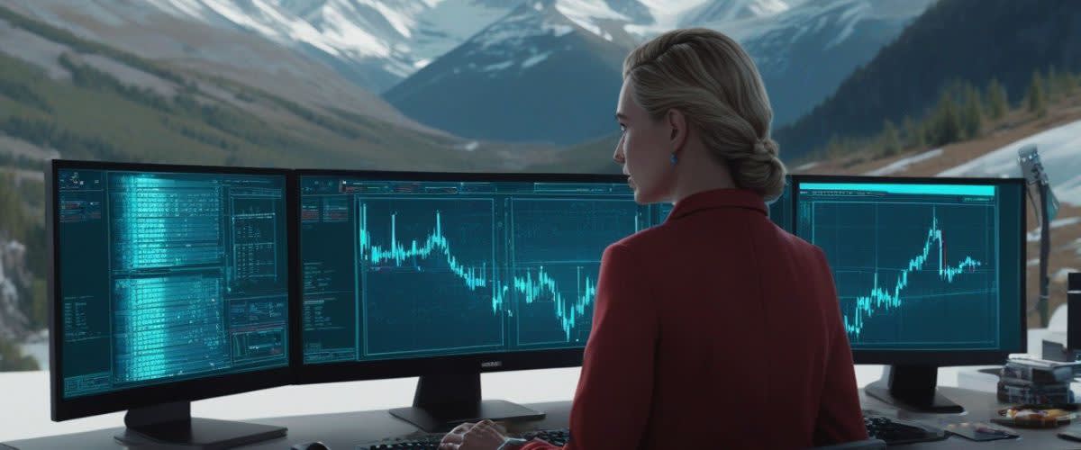 Stock trading for beginners: A woman sitting at a desk analyzing share market chart.
