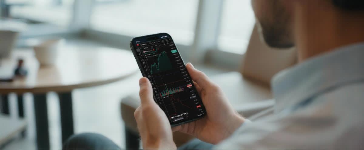 CFD-trader bruker TradingView-mobilapp med Skilling-logo, grafer og varsler i en rolig setting.