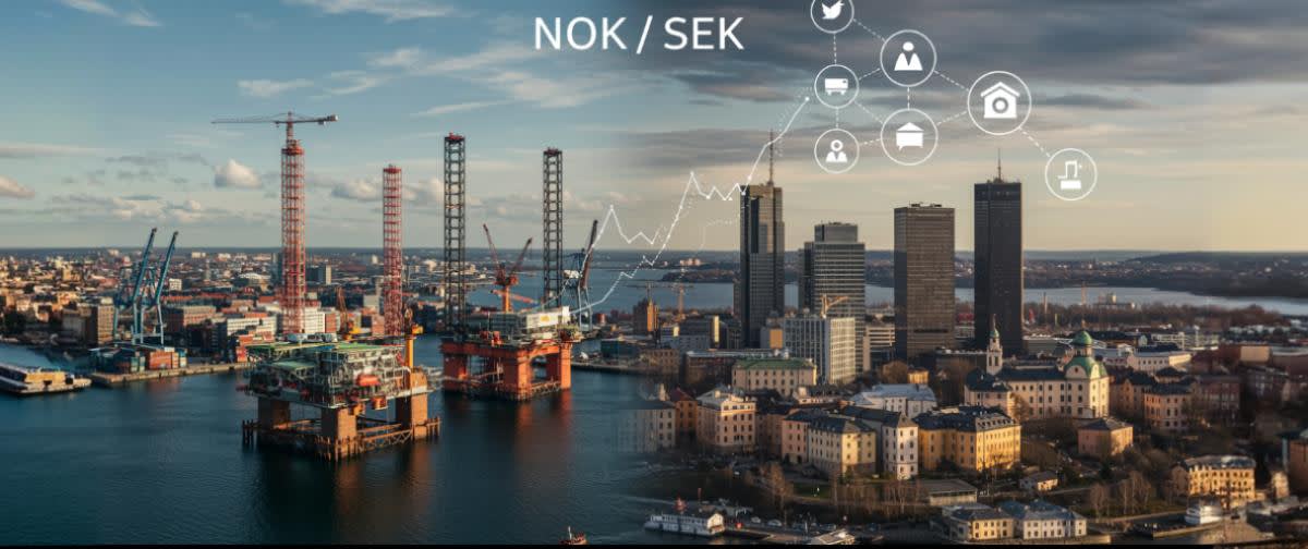 Oslos hamn med oljeriggar, Stockholms skyline med teknikikoner, NOK/SEK-diagram som delar mitten.