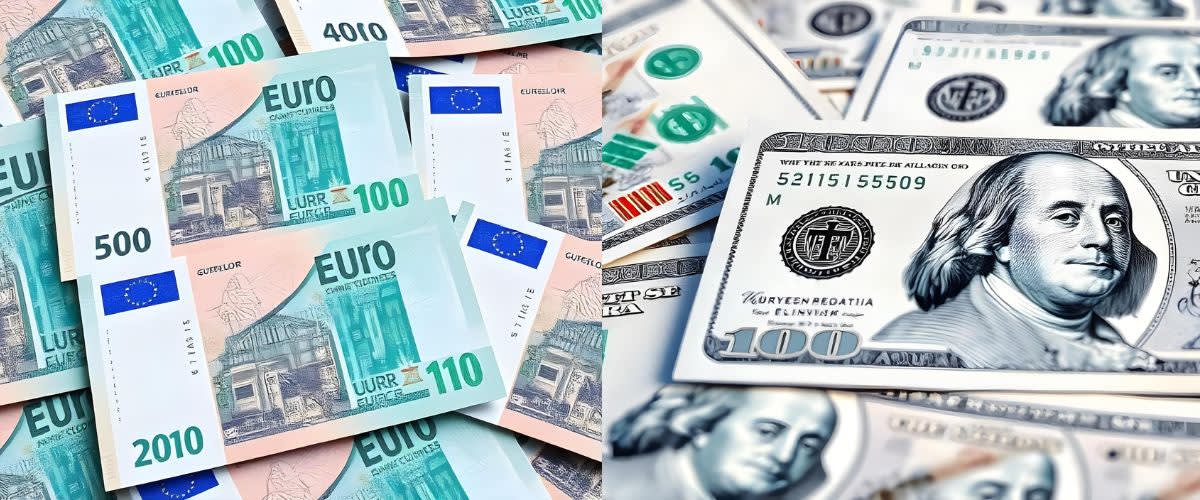 Prévisions EUR/USD : affichage côte à côte des billets en euros et en dollars américains.