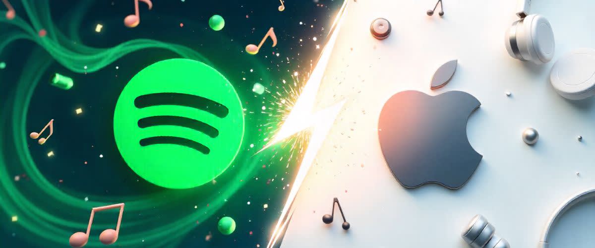 Spotify vs Apple Music delt skjerm: grønn energi vs hvit eleganse, lyn mellom.