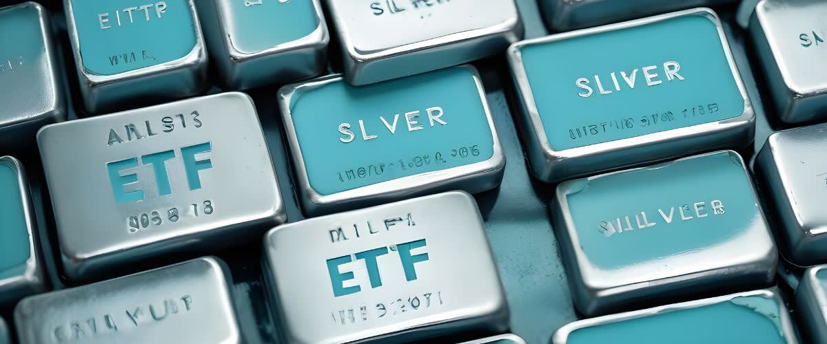 Silver ETF: Stacks of silver bars with the inscription 'silver' and 'ETF' on them.