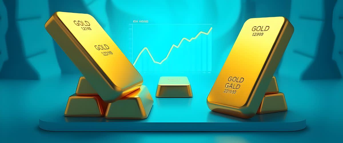 Gold bars with an upward trend line, symbolizing a positive forecast for gold prices.