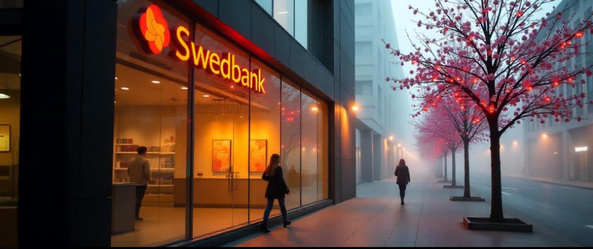 Foggy spring morning at Swedbank’s sleek glass branch, misty square, blooming cherry trees.