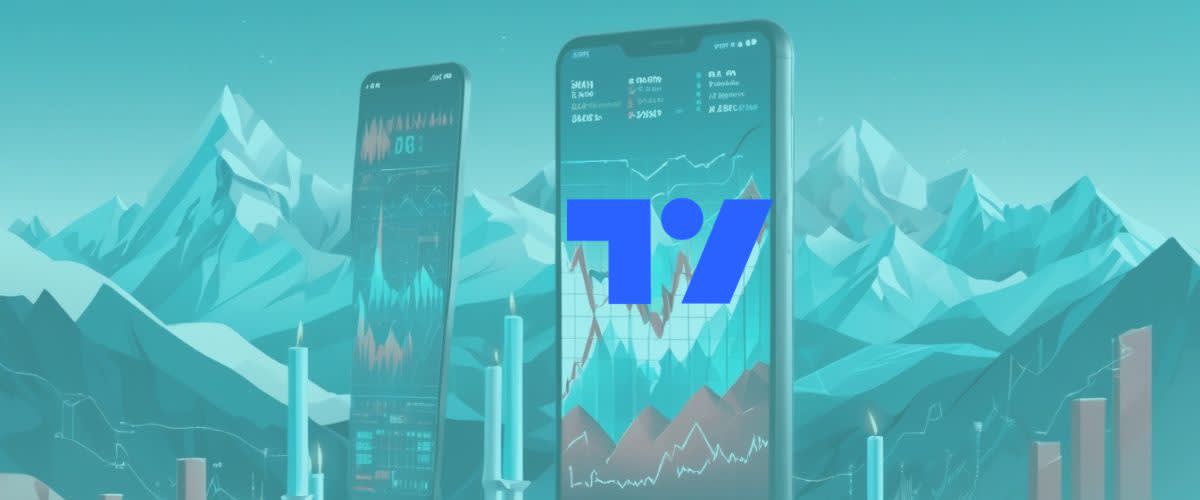 TradingView: TradingView Skilling image with a Scandinavian background and a mobile phone trading app