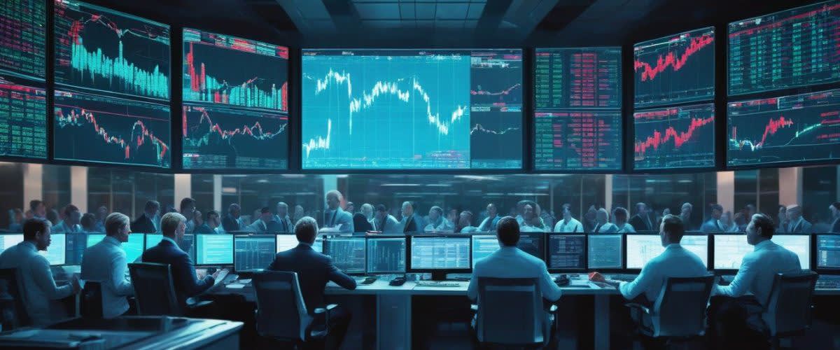 What does trading mean: People sitting at desks in front of multiple screens.