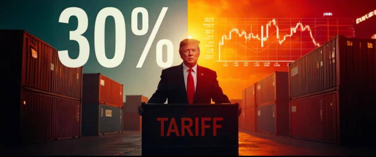 Trump ved talerstol, «30 % toll» i stor tekst, containere merket Mexico og EU, volatile markedsgrafer bak.