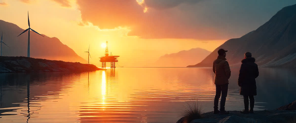 Orron over Nordic fjord, oil rig fading, wind & solar rise, charts 2015–2025 shift orange to green.