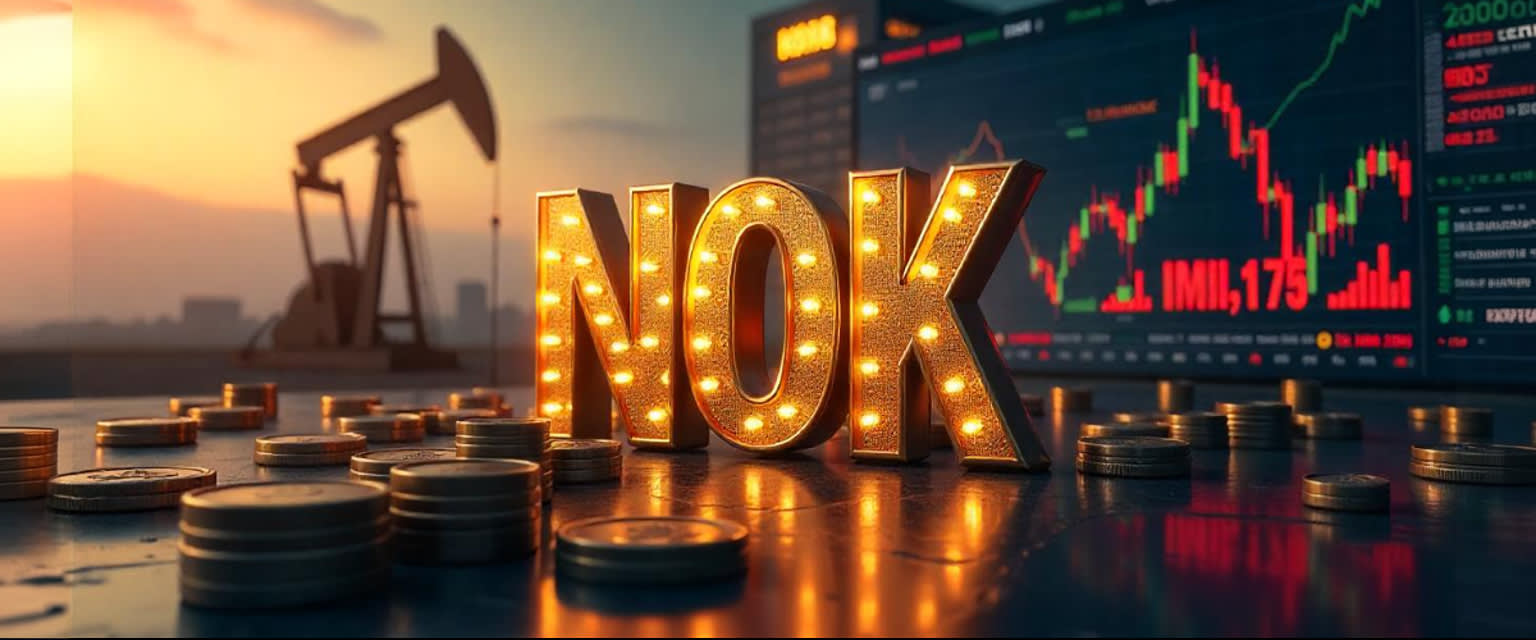 Norwegian krone (NOK) with oil barrels, Norges Bank, forex screens, and Nordic maps showing flows.