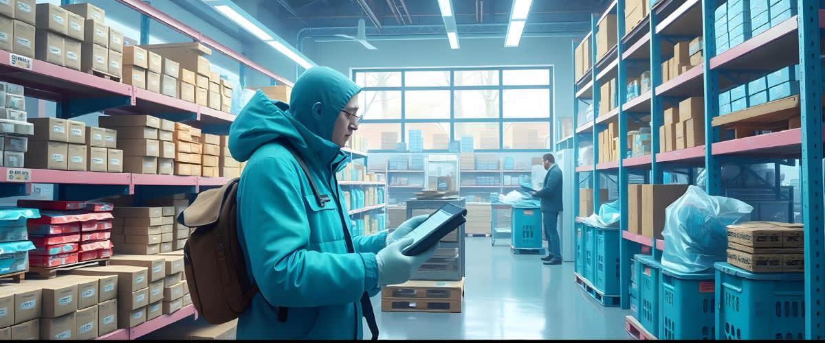 Inventory: A man in a blue jacket and hat oversees inventory in a warehouse.