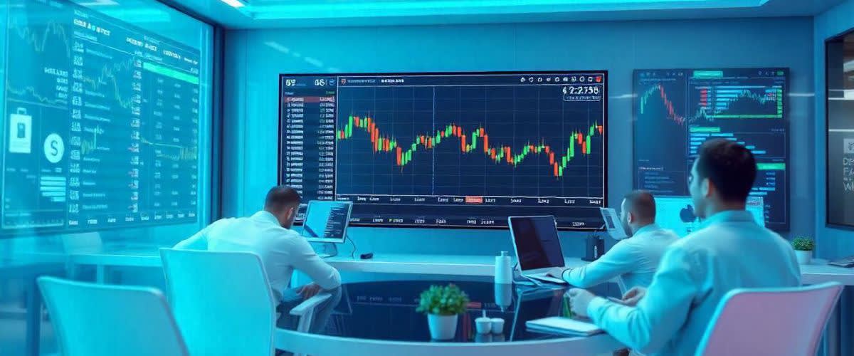 Sideways market: A price chart on-screen with traders sitting around.