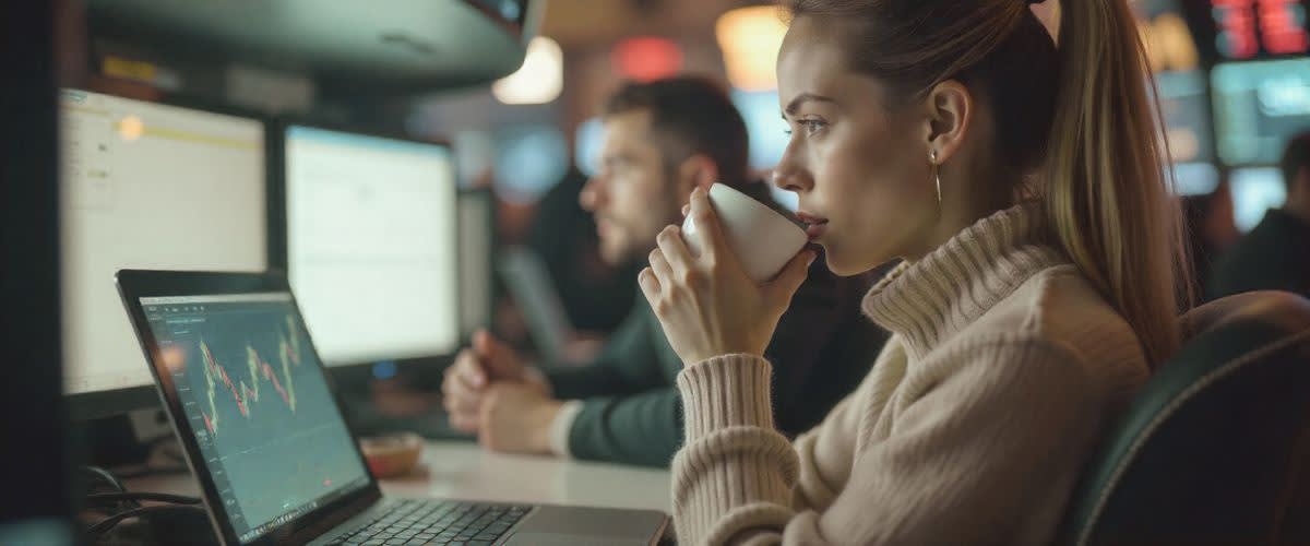 Wall Street floor, stock charts & economic data on screens, traders react.
