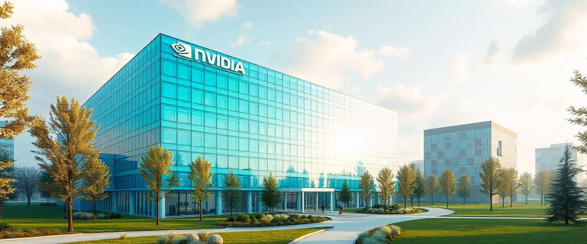 Nvidia Stock Prediction: NVIDIA-selskapsbygning i en teknologisk park.