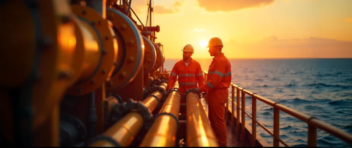 Oil pipelines and machinery at sunset; two male engineers in orange suits inspecting equipment.
