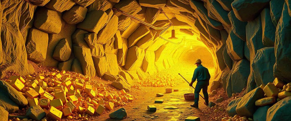 Gold Price Forecast: A worker is mining gold in a tunnel filled with gold.