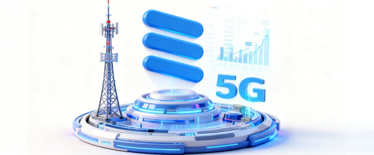 Transition 5G towers with financial data overlay, Ericsson logo integrated into the technology design.