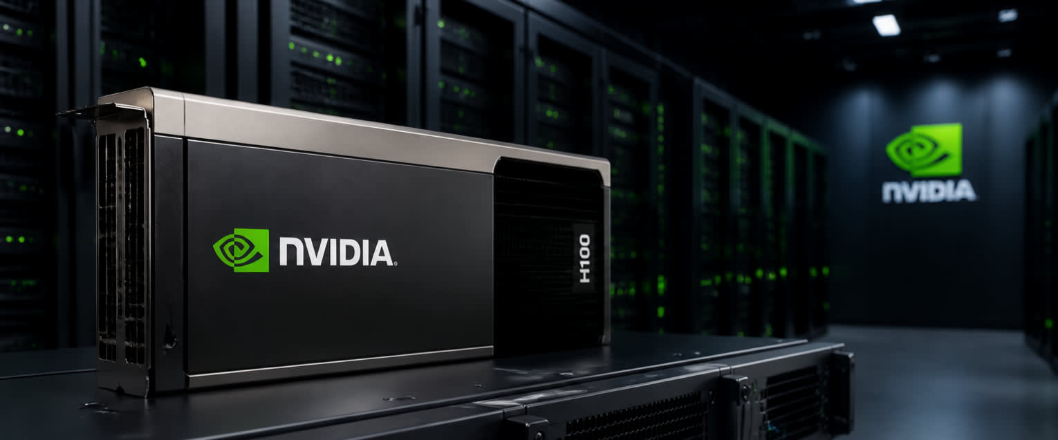 NVIDIA GPU in an AI data centre with a subtle rising stock chart, clean editorial style.
