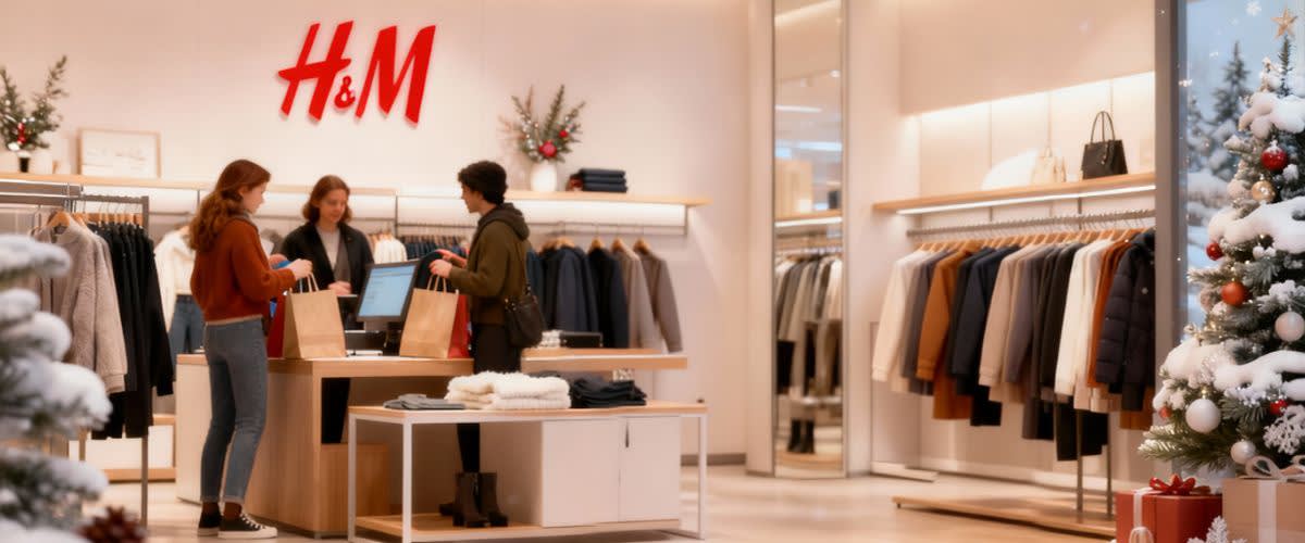 H&M-butikk innendørs med kunder, synlig skilt, svake aksjegrafer og nordisk vinterdekor.