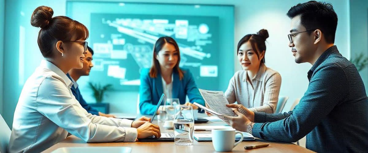 A business meeting discussing working capital, with professionals reviewing documents in an office.