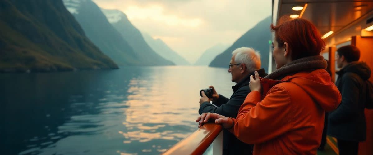 Cruiseskip i tåkelagte norske fjorder med amerikanske passasjerer som fotograferer det tåkete høstlandskapet.