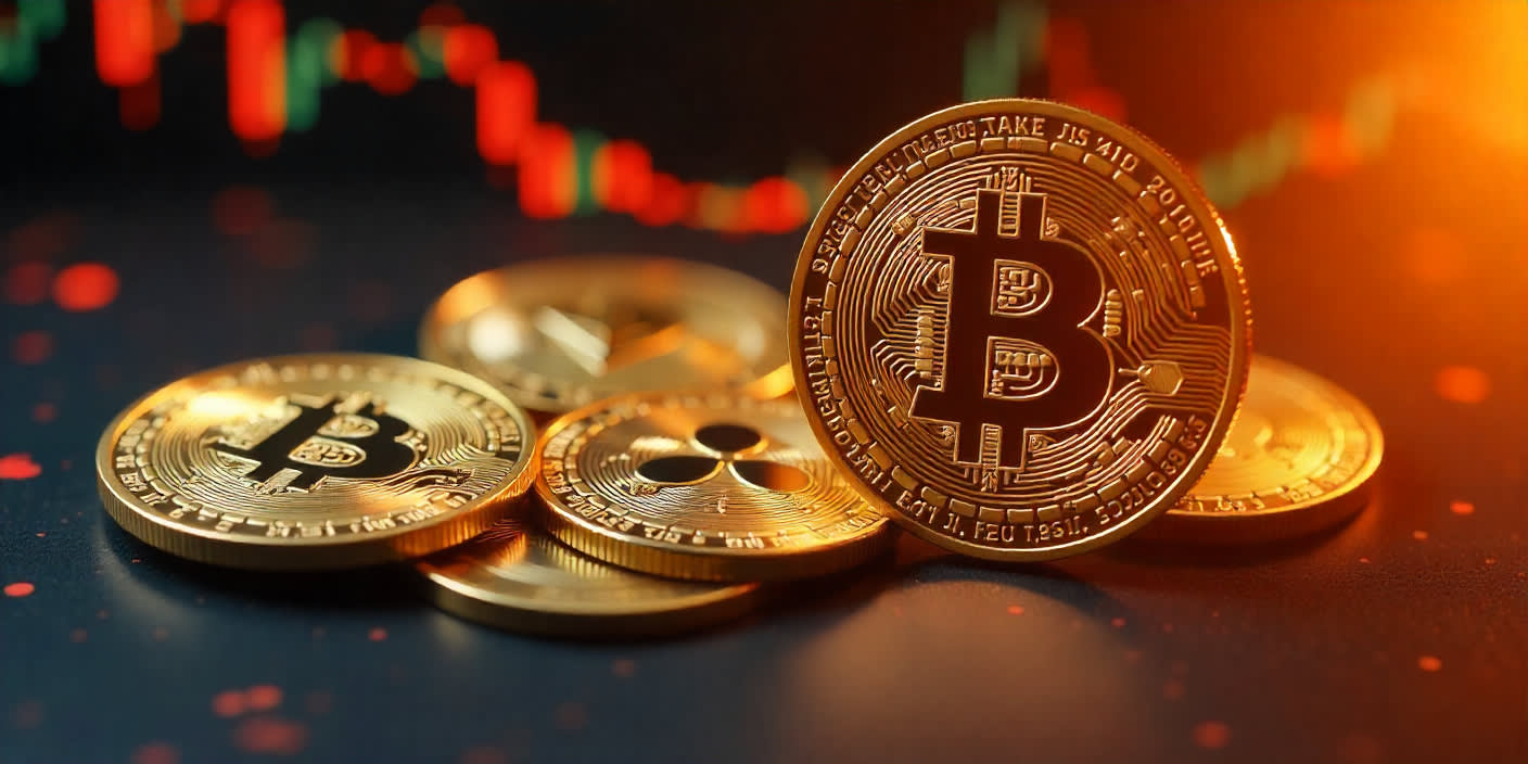 Kryptomynter (BTC, ETH, LTC, XRP, SOL) med kraftige prissvingninger på diagram.