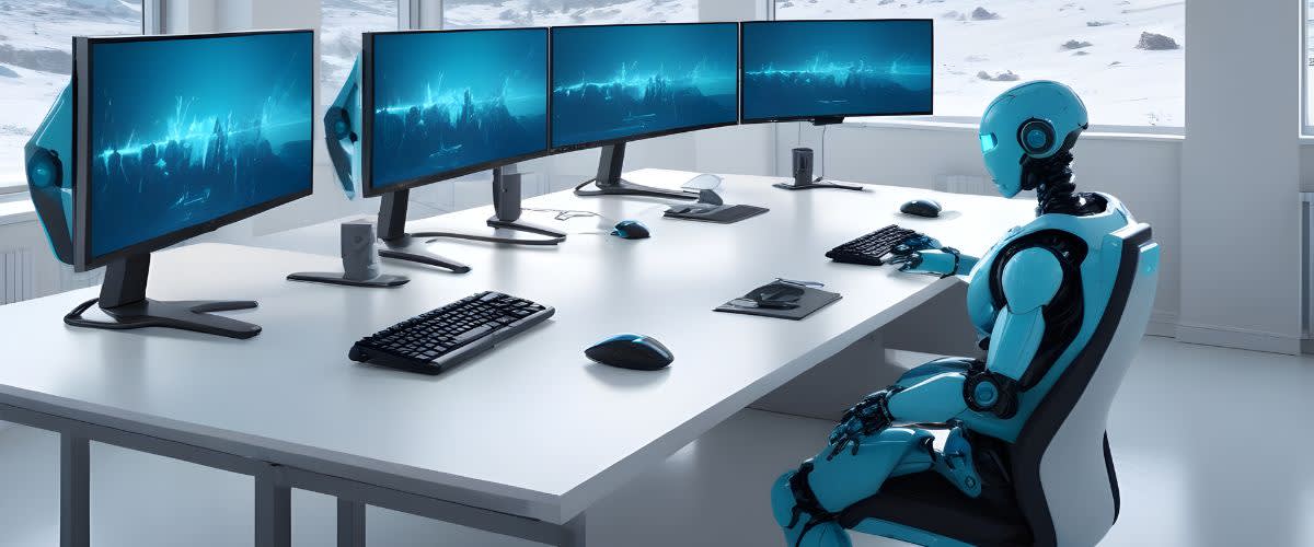 An AI trading robot sitting at a desk with four computer screens.