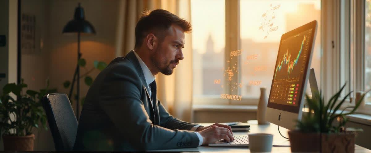 Focused Norwegian trader in gray suit, glowing brain, emotion icons, sunny office, intense focus.