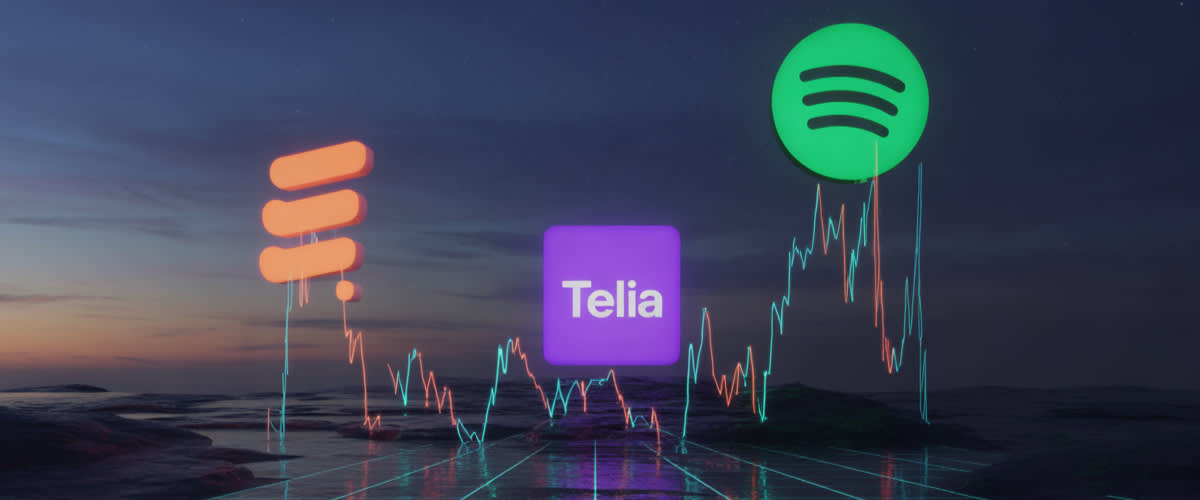 Glowing Nordic tech stocks with Spotify, Telia, Ericsson over a digital 5G grid at twilight