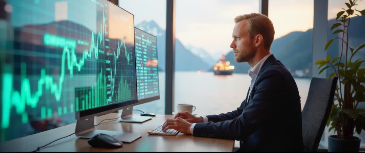 Norsk trader med OBX-grafer, fjorder, oljerigger og flagg i bakgrunnen.