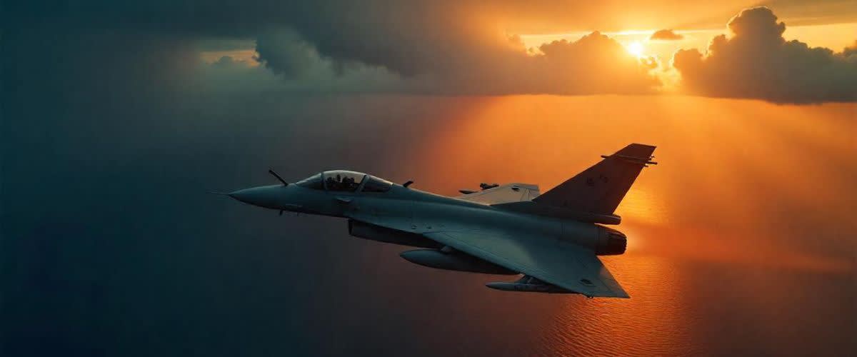A Gripen fighter jet soars through stormy Baltic skies, symbolizing the surge in defense stocks.