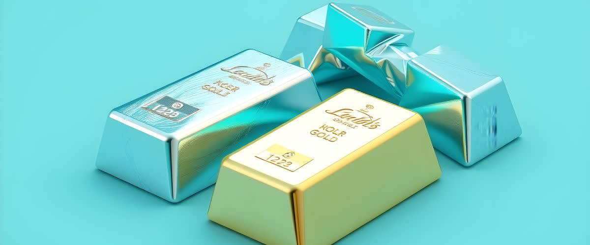 Gold and platinum bars set on a blue backdrop, illustrating platinum vs gold price.