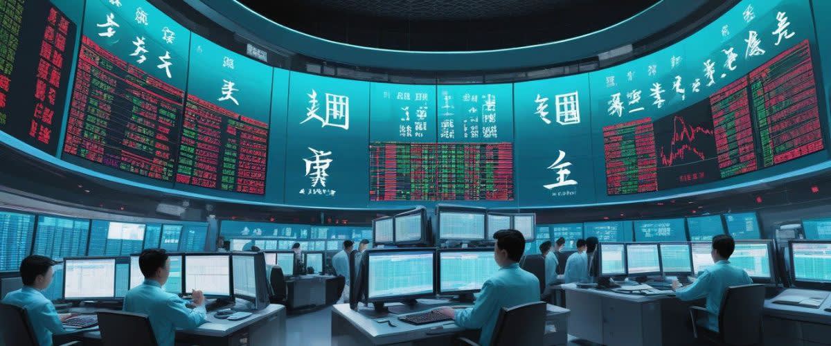 Asiatiska aktier: Ett antal handlare som sitter framför skrivbordet och kollar börsen.