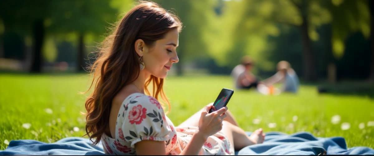 A Swedish woman in her 20s trades on the phone in a sunny Stockholm park, candlestick chart on screen.
