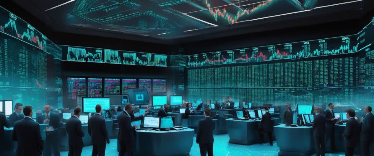 A diverse group monitor economic indicators in front of a busy trading room.