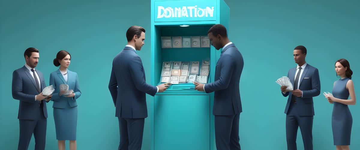 Crowdfunding: Men and women making donations into a big donation box.