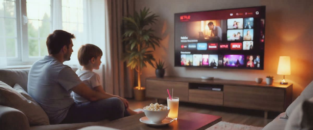 Parent & child watching Netflix, popcorn & drinks, warm evening light, living room.