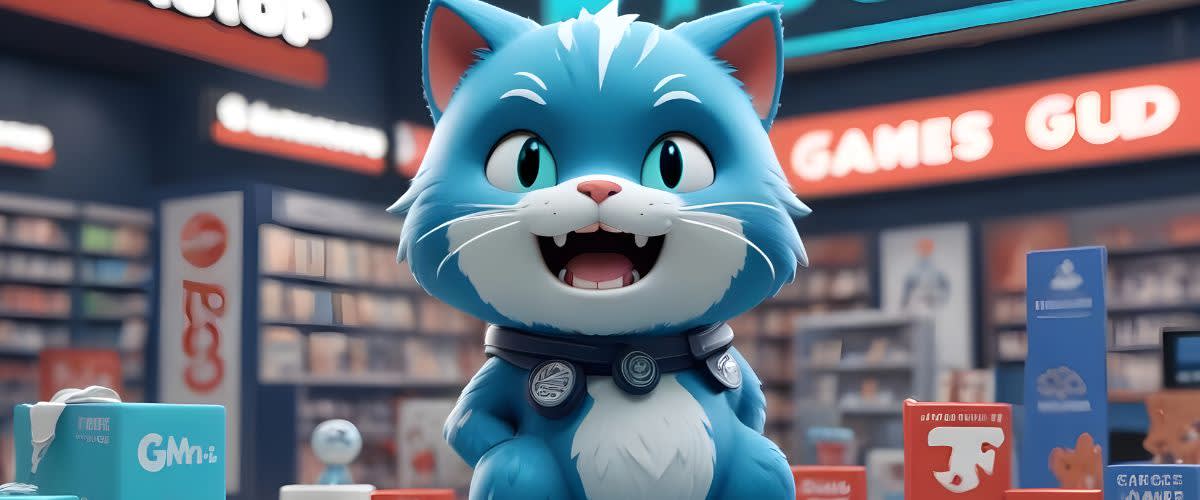 Roaring kitty: Blue cat with big smile in front of boxes.