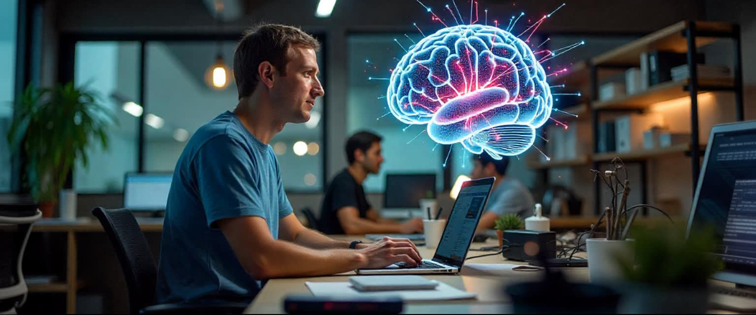 Zuckerberg is working in a vibrant AI lab with a pulsing AGI brain hologram and busy engineers.