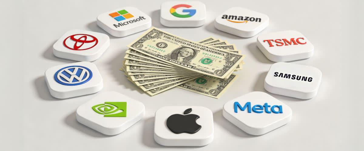 Companies' icons arranged around a fanned pile of cash, with subtle drop shadows