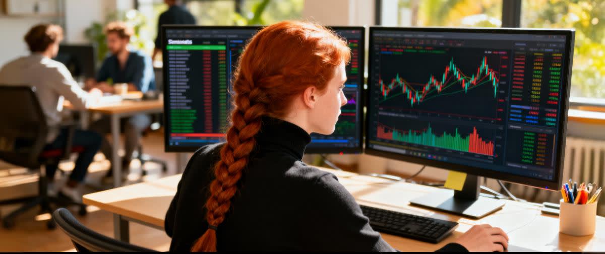 Skandinavisk trader med rødt hår analyserer fundamentale og tekniske data på delt skjerm.