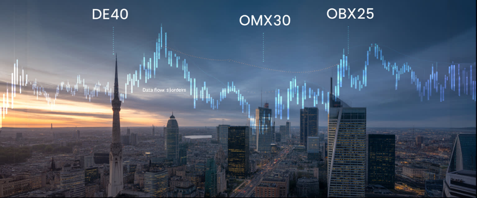 Europe skyline glowing with DE40, OMX30, OBX25 tickers above, data flow across borders.