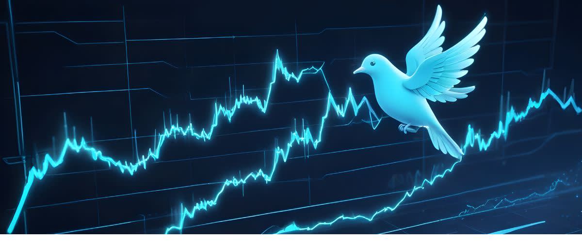Dovish: Seekor burung pada carta saham, melambangkan kesan sentimen dovish di pasaran.