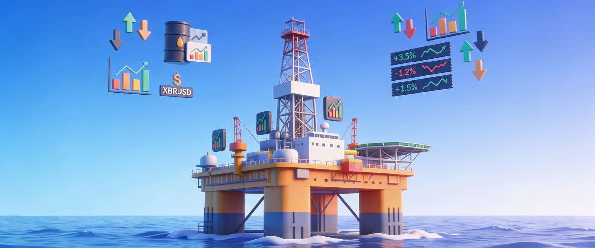 Offshore oil platform with oil price icons and stock market indicators showing energy market influence.