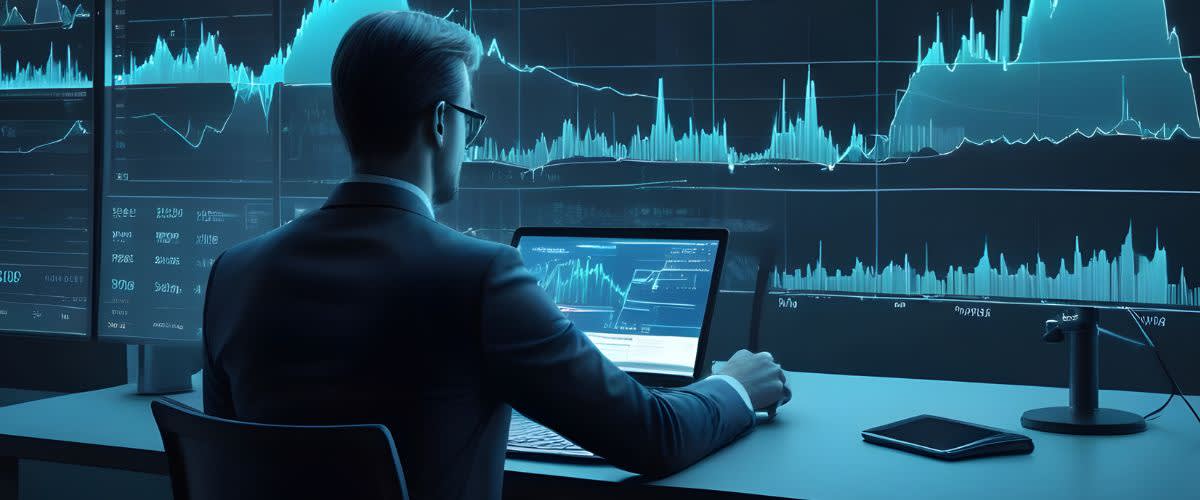 Return: Trader in suit at desk with laptop and stock market graphs on screen.