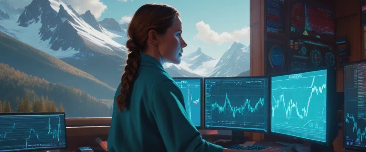 Trade balance: A woman at a desk with multiple monitors, analyzing trade balance data.