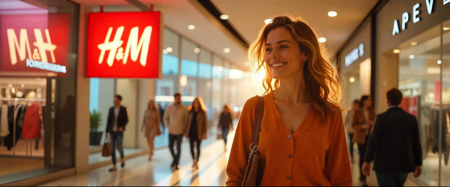 H&M logo with smiling shoppers and bright fashion displays.