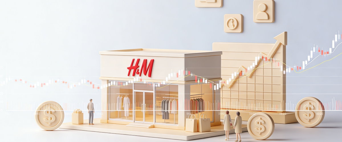 Fashion retail store with inflation symbols, shopping bags, and stock market data overlay.