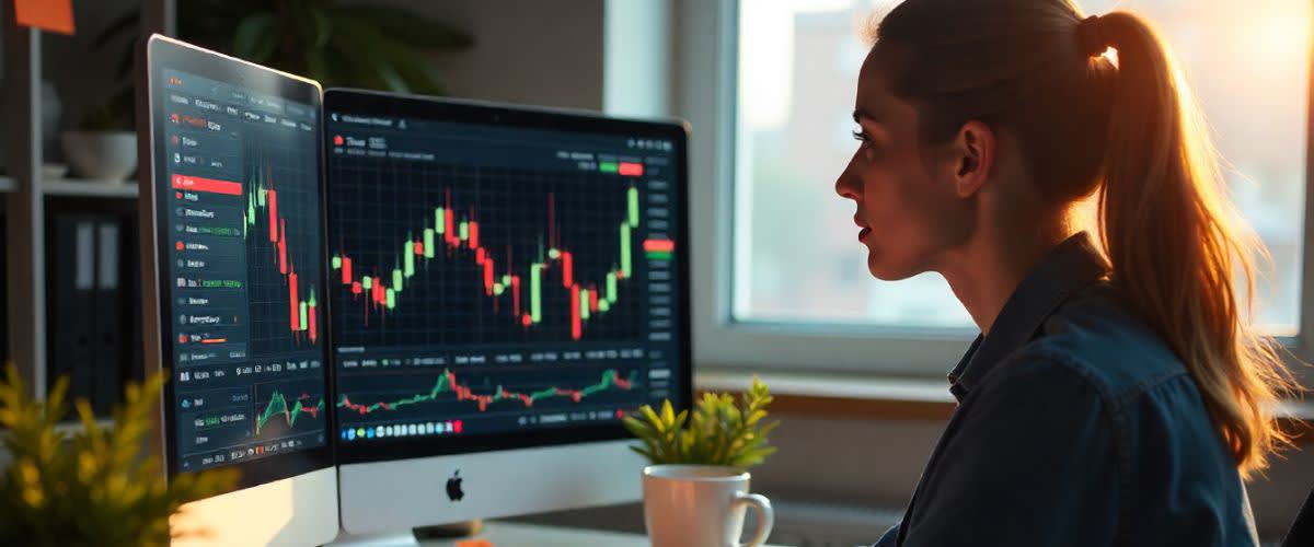 Clean trading desk with CFD trader, charts, coffee, and key trading terms on sticky notes.