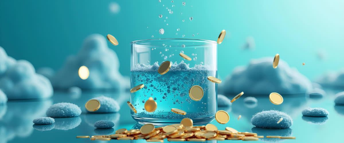 Liquid funds: A transparent glass of water and gold coins, representing liquid assets.