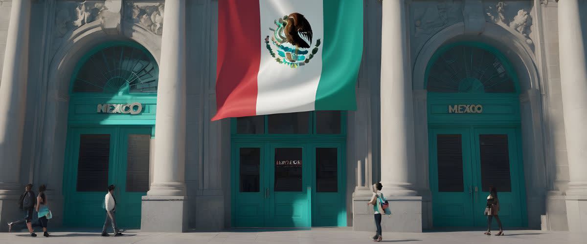 MXN o que significa: Imagem de um edifício representando o Banco de México e a moeda MXN.